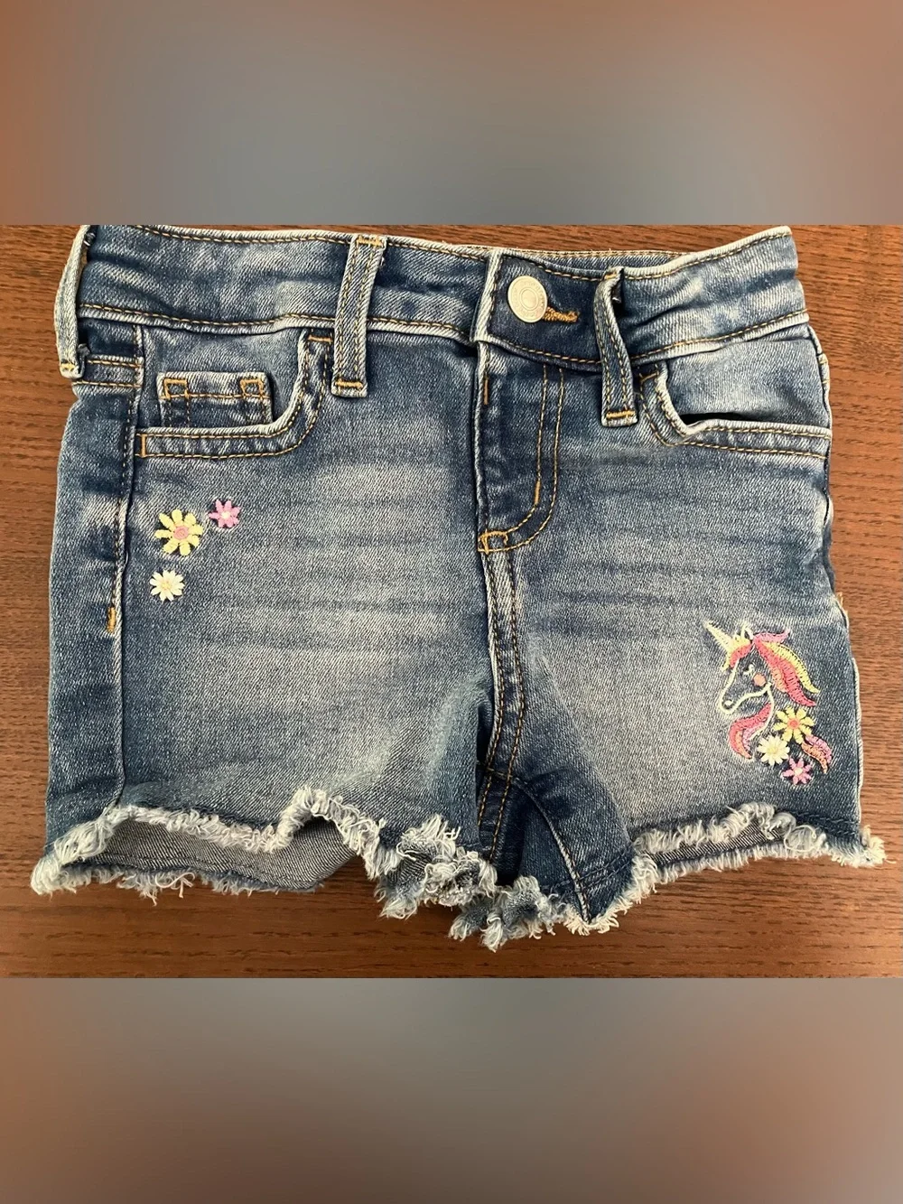 jumping beans Blue Denim Frayed-Hem Shorts with Unicorn and Floral Accents